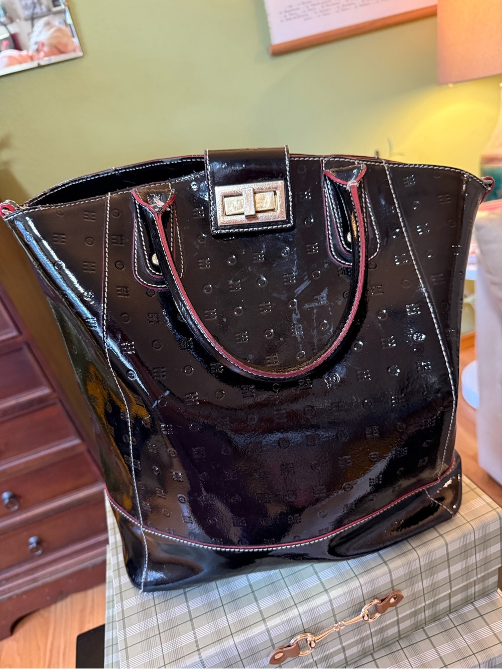 Arcadia Black Patent Tote Bag with Red Trim